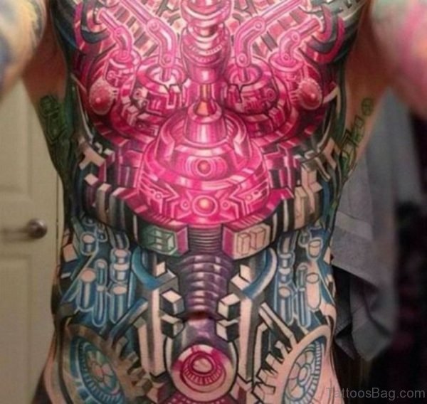 3D Bio mechanical Tattoos On The Chest 