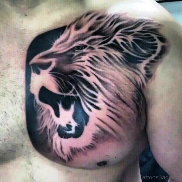 3D Black Ink Lion Tattoo On Chest