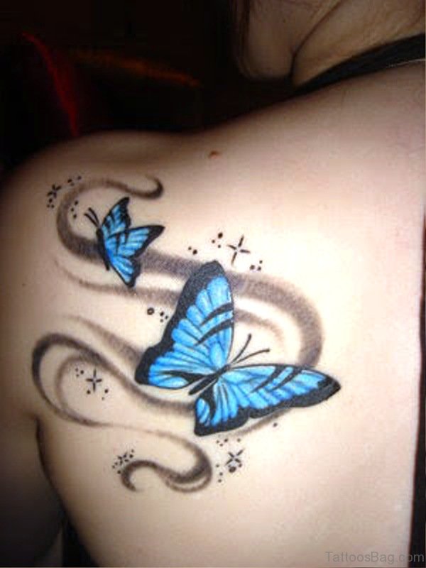 3D Blue Butterflies Tattoo On Shoulder