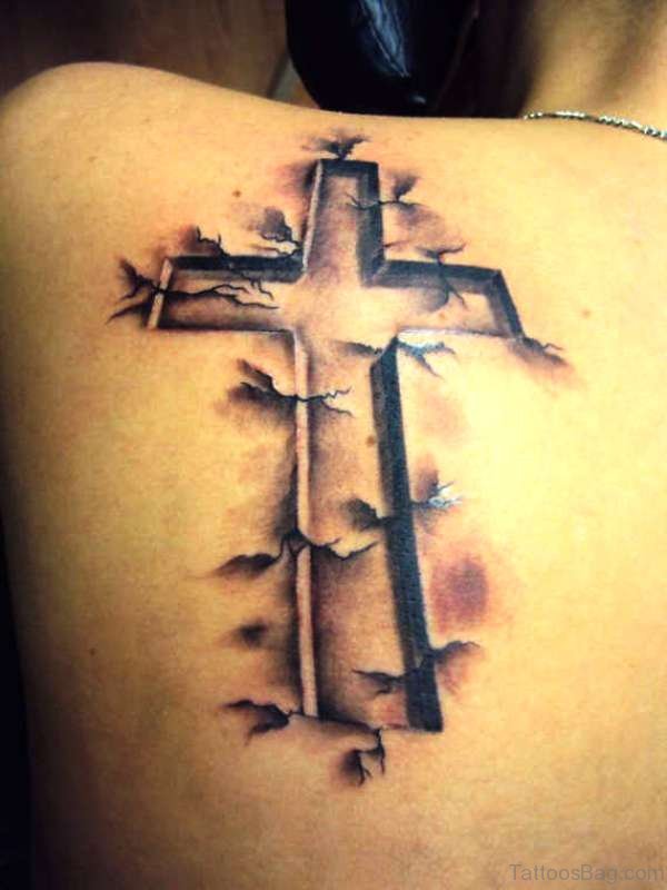 3D Cross Tattoo On Back Shoulder