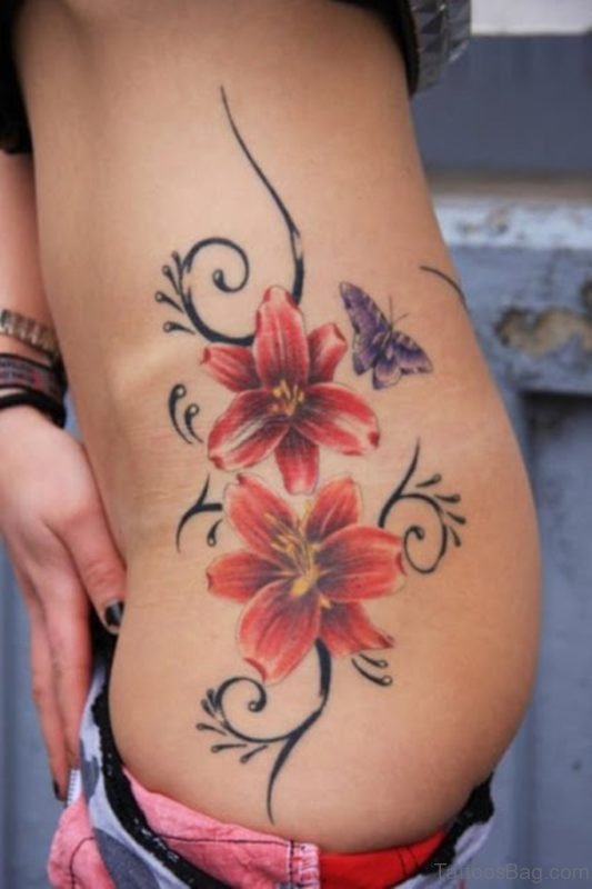3D Flowers And Butterfly Tattoo