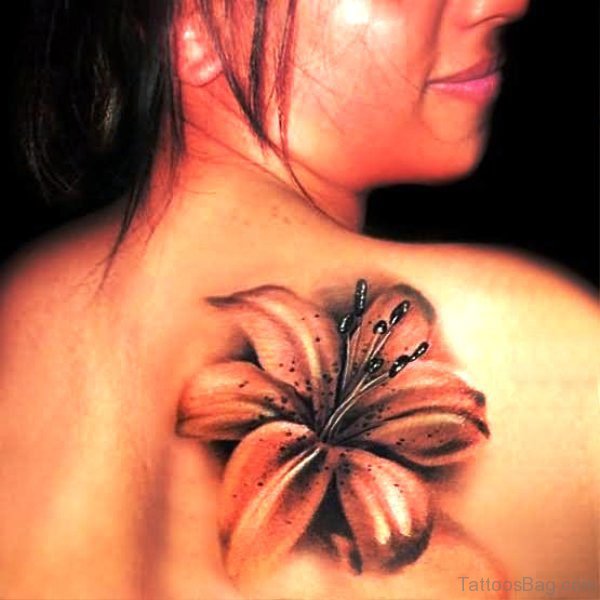 3D Lily Tattoo On Back Shoulder