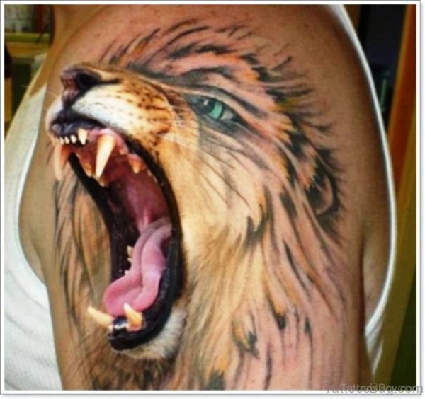 3D Roaring Lion Tattoo On Shoulder
