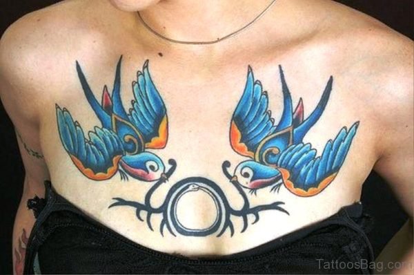 Adorable Blue Bird Tattoo On Chest 