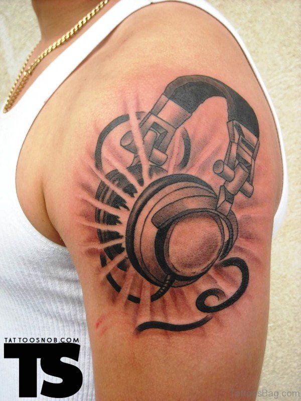 Adorable Headphone Tattoo On Shoulder