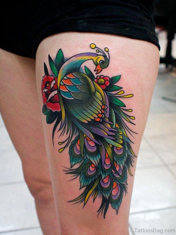 Adorable Peacock Tattoo On Thigh