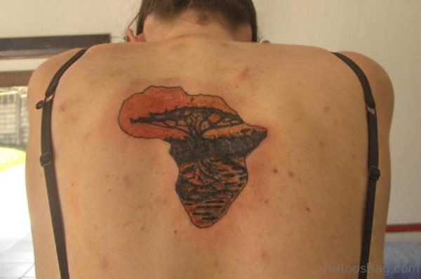 African Colored Map Tree On Back Body Tattoo 