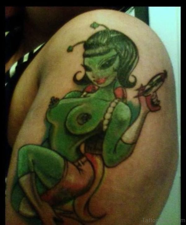 Alien Girl Green Ink Tattoo On Shoulder