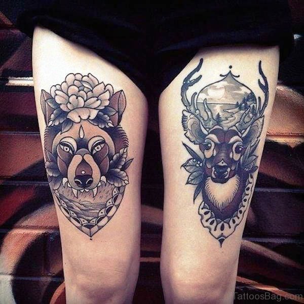 Alpha Wolf With Deer Tattoo Design On Thigh
