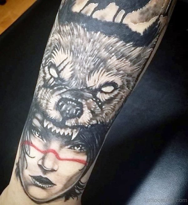Alpha Wolf With Women Face Tattoo Design