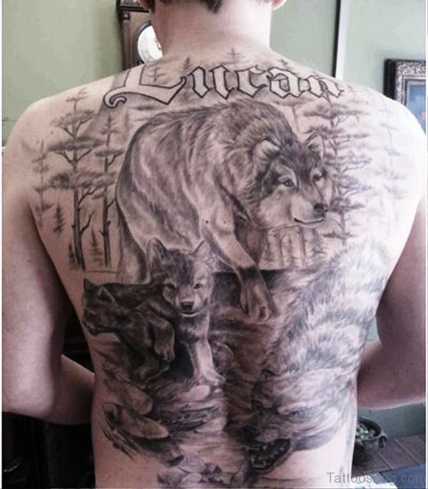 Alpha Wolves Tattoo On Back