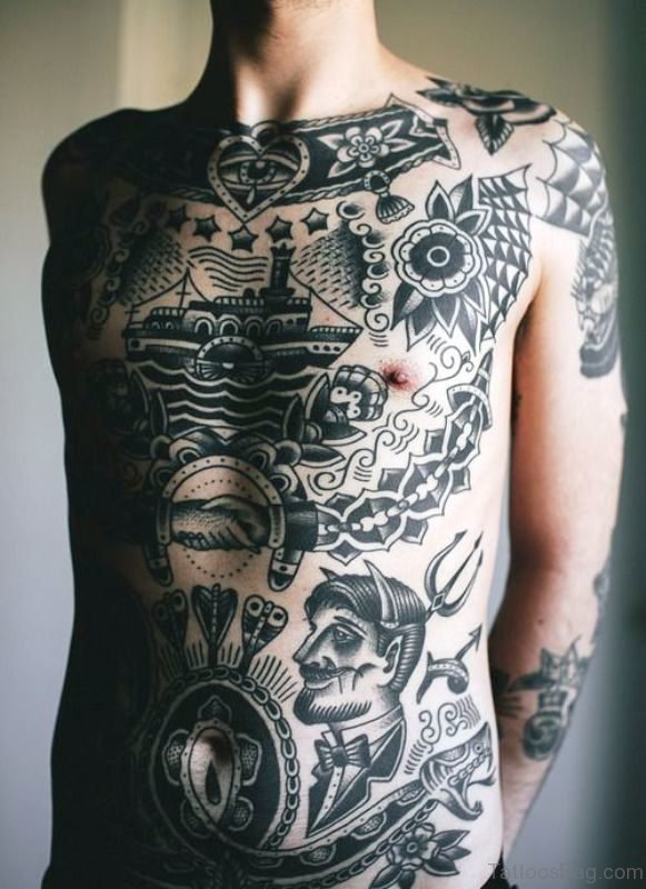 Amazing Black Ship Tattoo On Chest