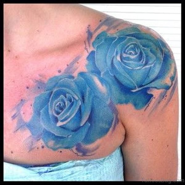 Amazing Blue Rose Tattoo On Shoulder
