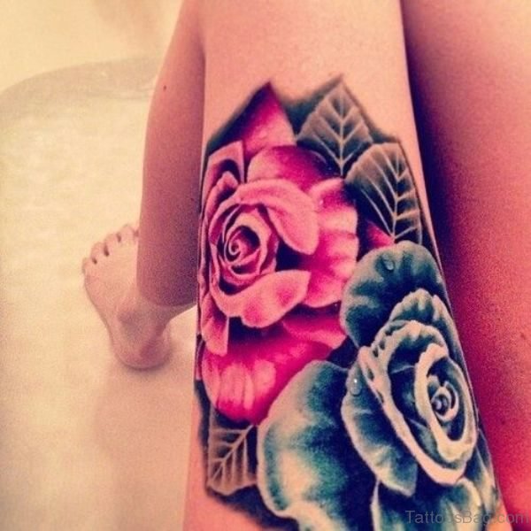 Amazing Blue Rose Tattoo On Thigh