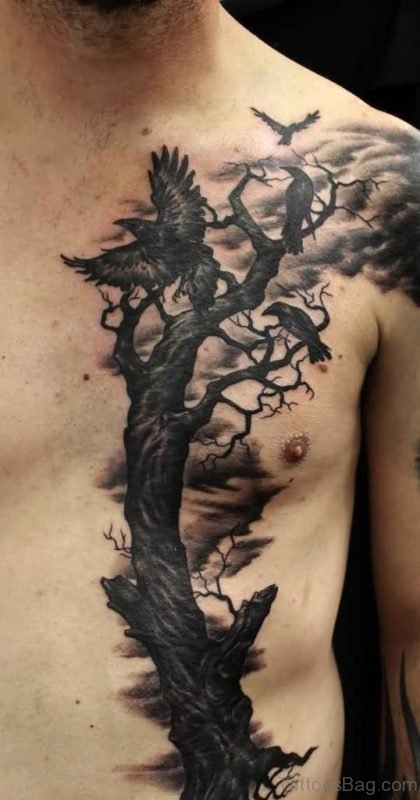 Amazing Dry Tree And Raven Tattoo On Men Chest