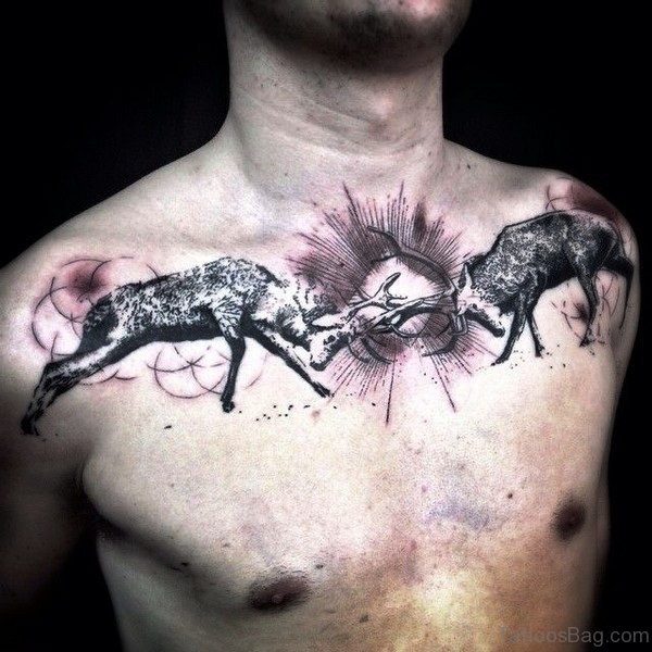 Amazing Fighting Buck Tattoo On Chest