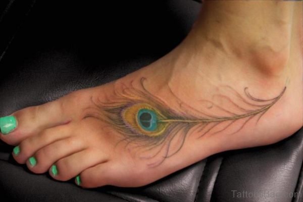 Amazing Peacock Feather Tattoo On Foot