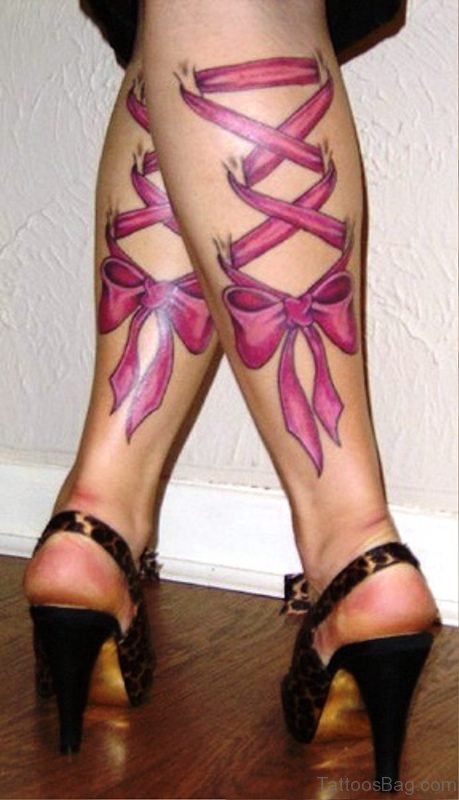Amazing Pink Corset Tattoos On Both Legs