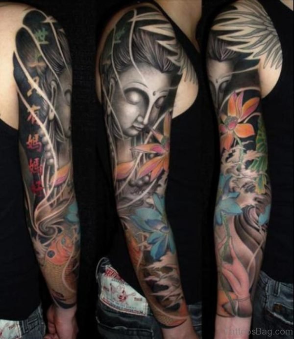 Amazing Religious Buddhist Tattoo Design On Full Sleeve
