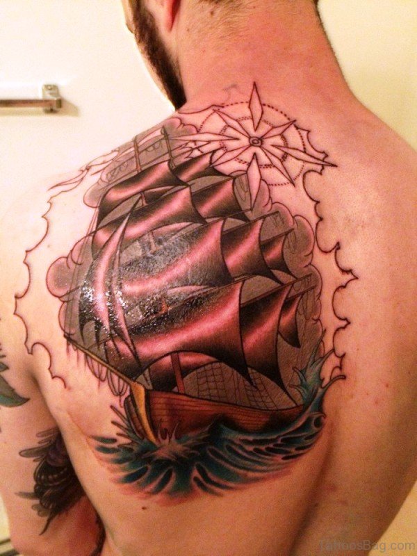 Amazing Ship Tattoo On Shoulder