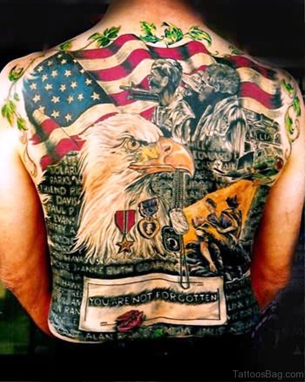 American Eagle With Flag Tattoo On Back