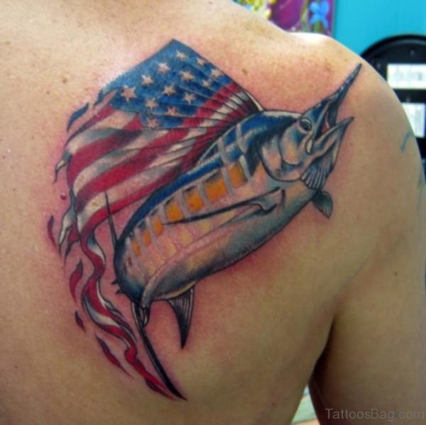 American Flag Anf Fish Tattoo On Back