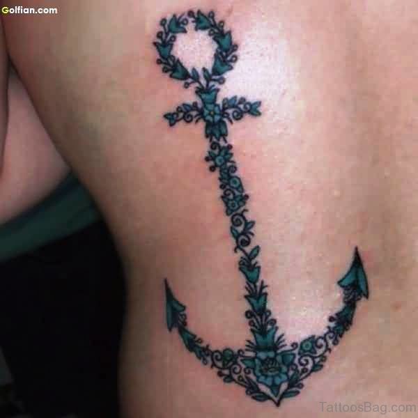 Anchor Vine Decorated Tattoo On Back