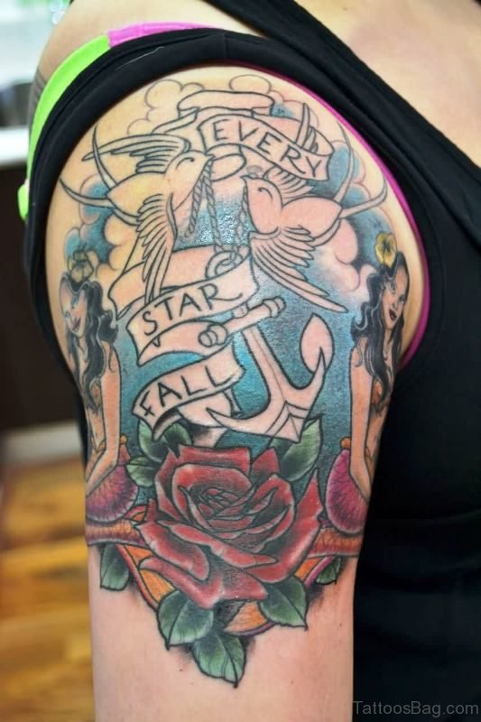 Anchor With Rose Tattoo On Shoulder
