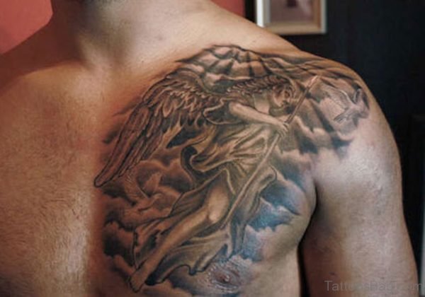 Angel And Doves Tattoo On Chest 