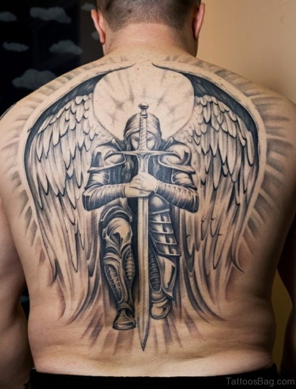 Angel And Sword Tattoo On Back
