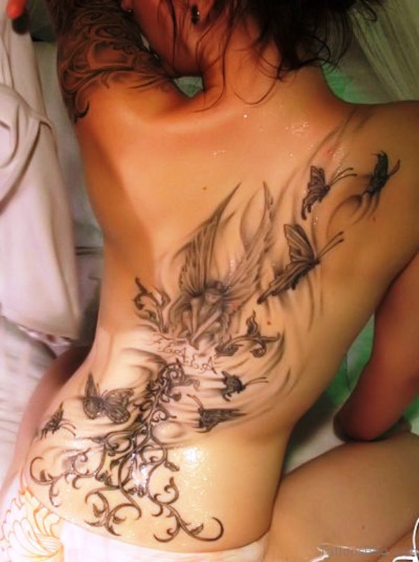 Angel Butterflies Vine Tattoo On Back