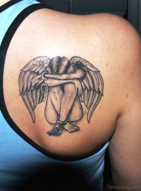 Angel Girl Tattoo On Back Shoulder