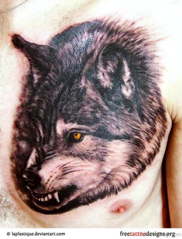 Angry Alpha Wolf Head Tattoo On Chest