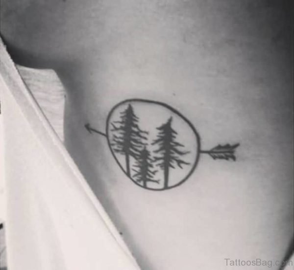 Arrow Grey Ink Leafless Tree Tattoo On Rib Side