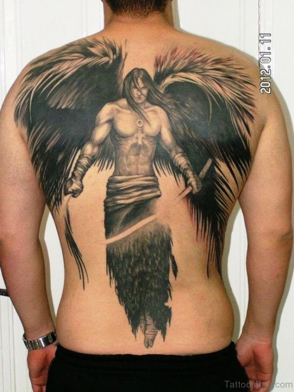 Attractive Angel With Wings Tattoo On Back