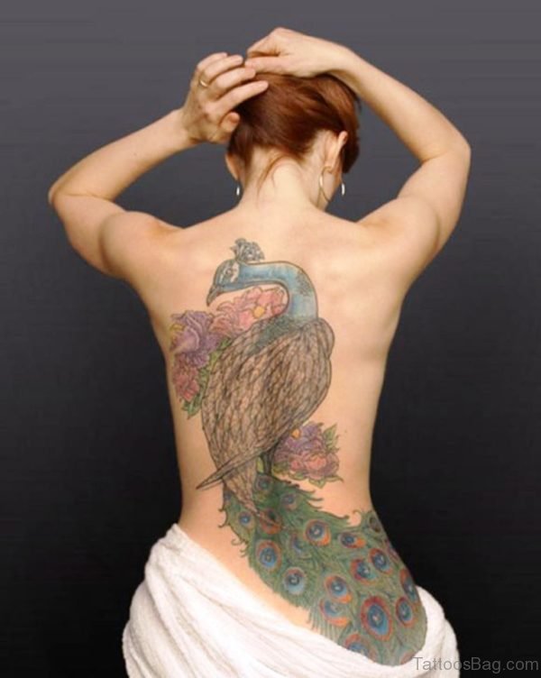 Attractive Peacock Tattoo On Back 