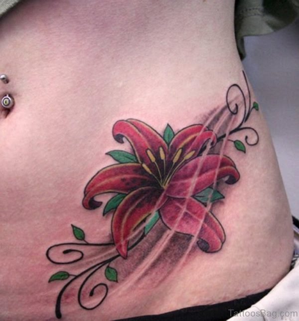Attractive Red Lily Tattoo On Waist