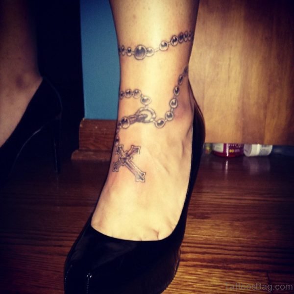 Attractive Rosary Ankle Tattoo For Girls