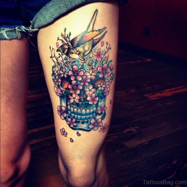 Attractive Skull Tattoo Design On Thigh 