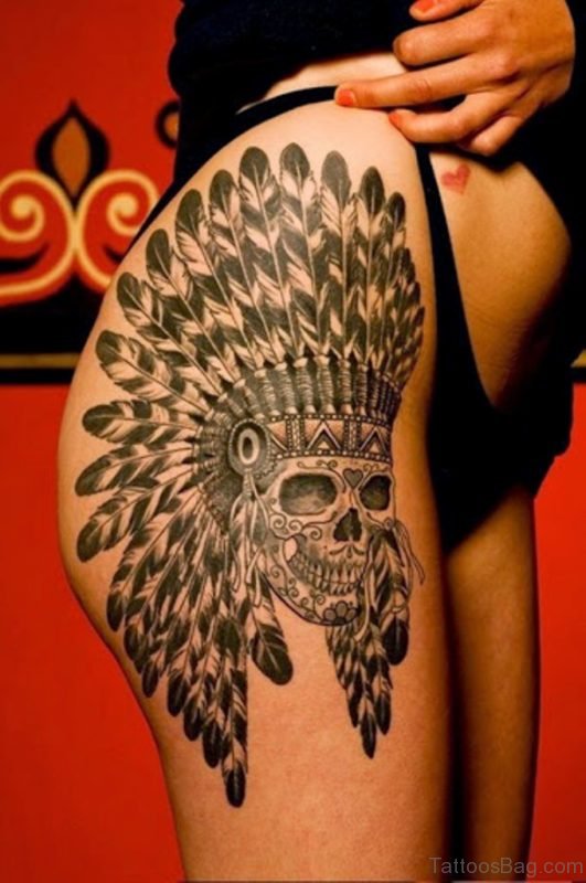 Attractive Skull Tattoo On Thigh 