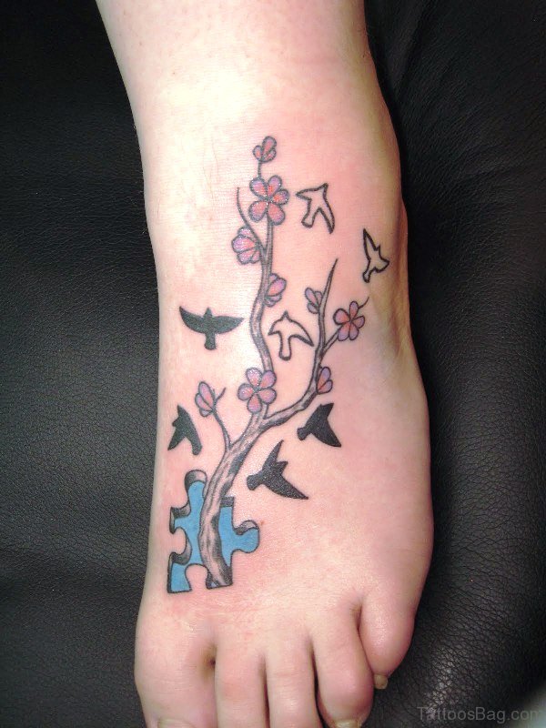 Autism With Birds And Flowers Tattoo Design