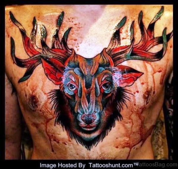 Awesome 3D Buck Tattoo On Chest