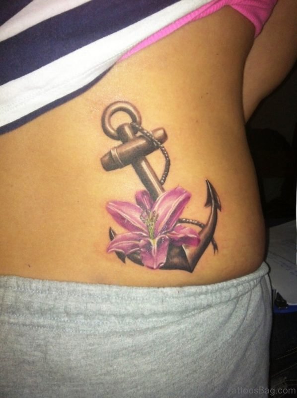 Awesome Anchor And Flower Tattoo On Waist