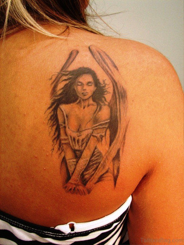 Awesome Angel Tattoo On Back Shoulder