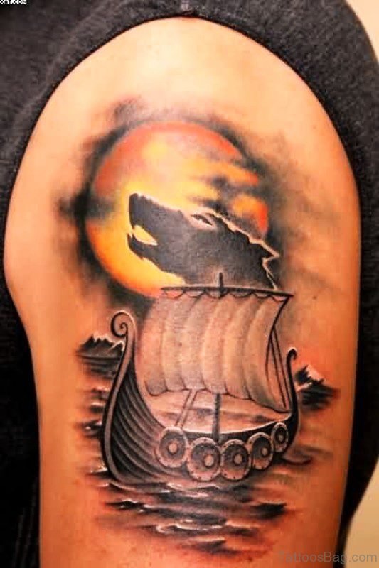 Awesome Boat With Wolf Tattoo Design