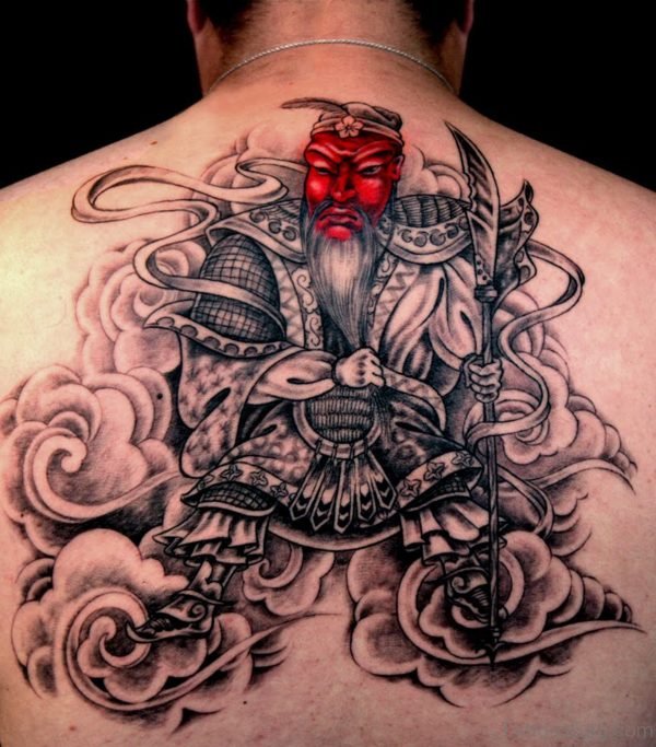 Chinese Warrior Tattoo On Upper Back