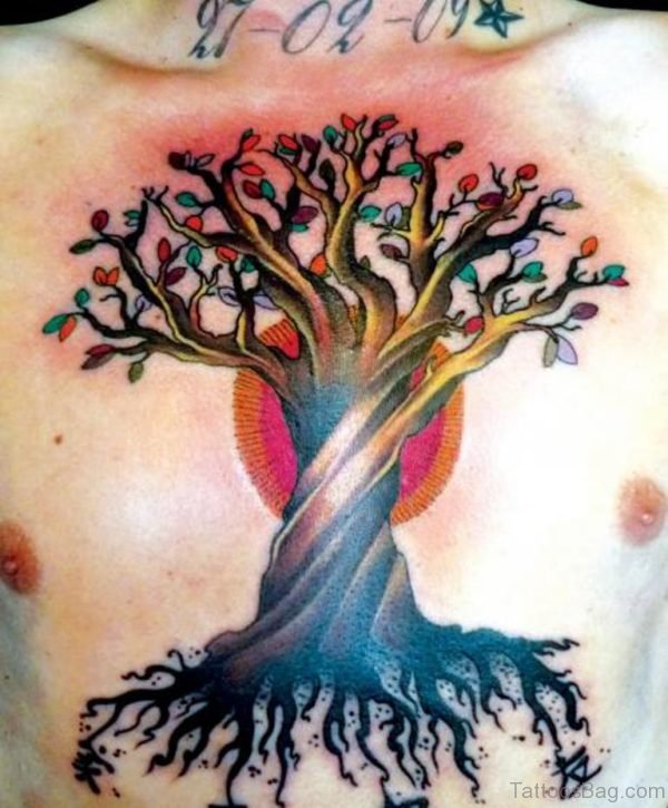 Awesome Colored Tree Tattoo On Chest