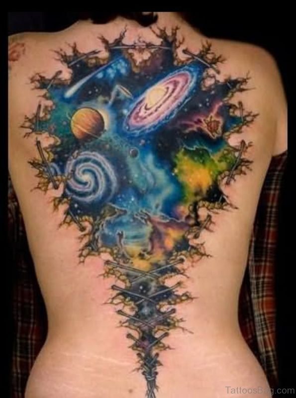 Awesome Colorful Alien Space Tattoo On Back