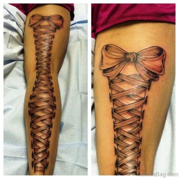 Awesome Corset Tattoo On Leg