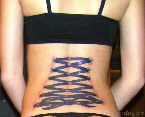 Awesome Purple Corset Tattoo On Lower Back